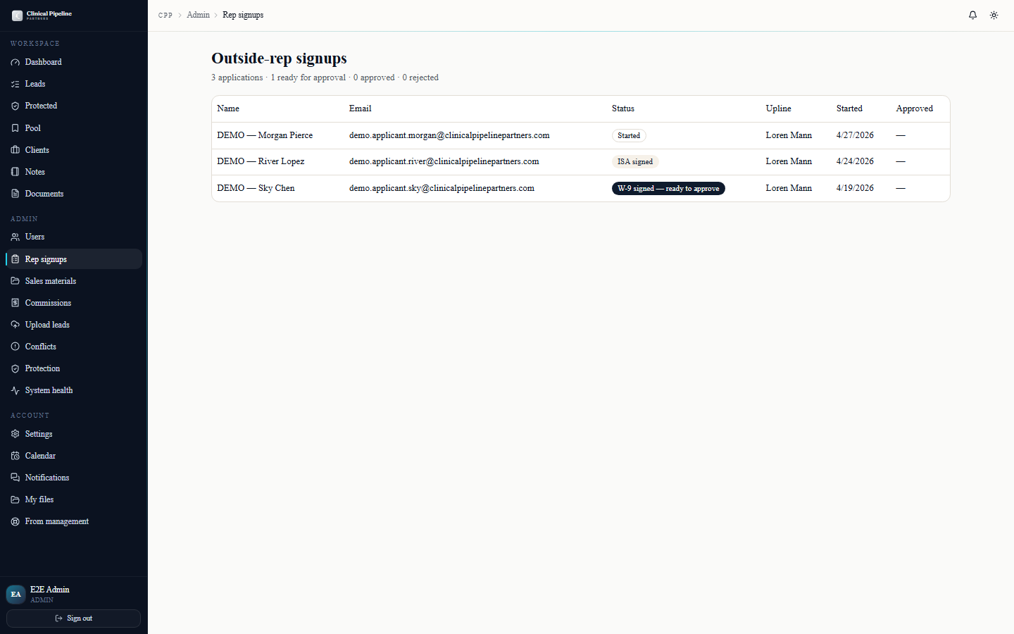 Approve an outside-rep signup