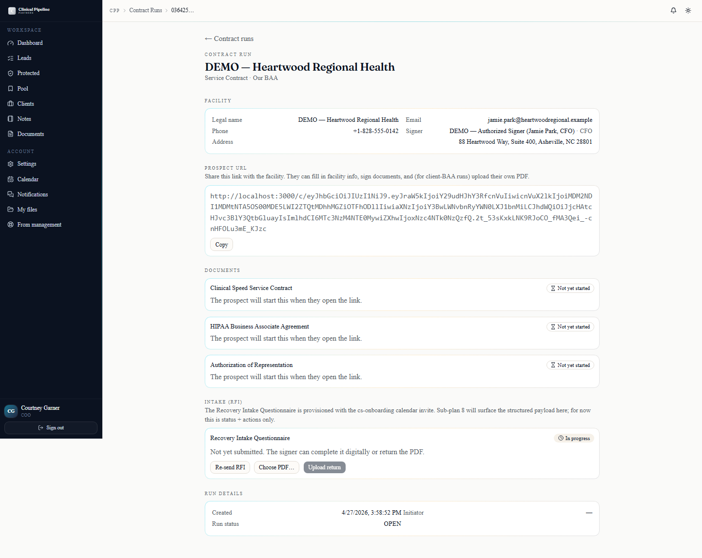 The Intake (RFI) tab on /contract-runs/[id] with parsed web-form responses and the Upload PDF return button.