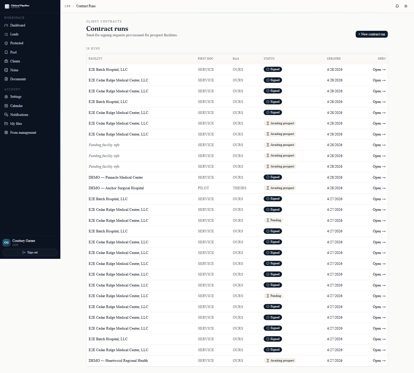 The /contract-runs/[id] detail page from a COO view with sender controls and the Intake (RFI) tab.