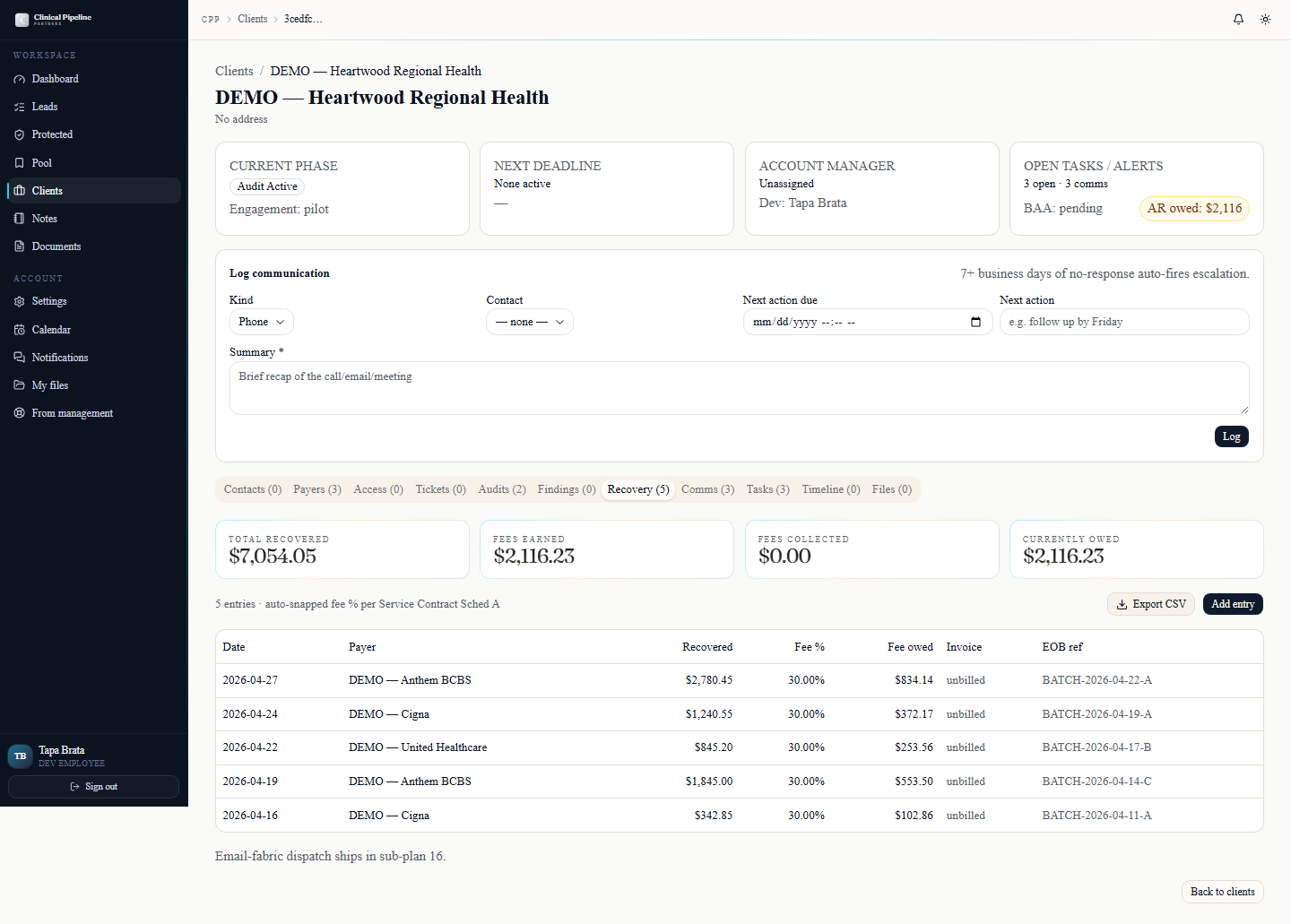 A client folder's Recovery tab with the Export CSV button highlighted in the header.