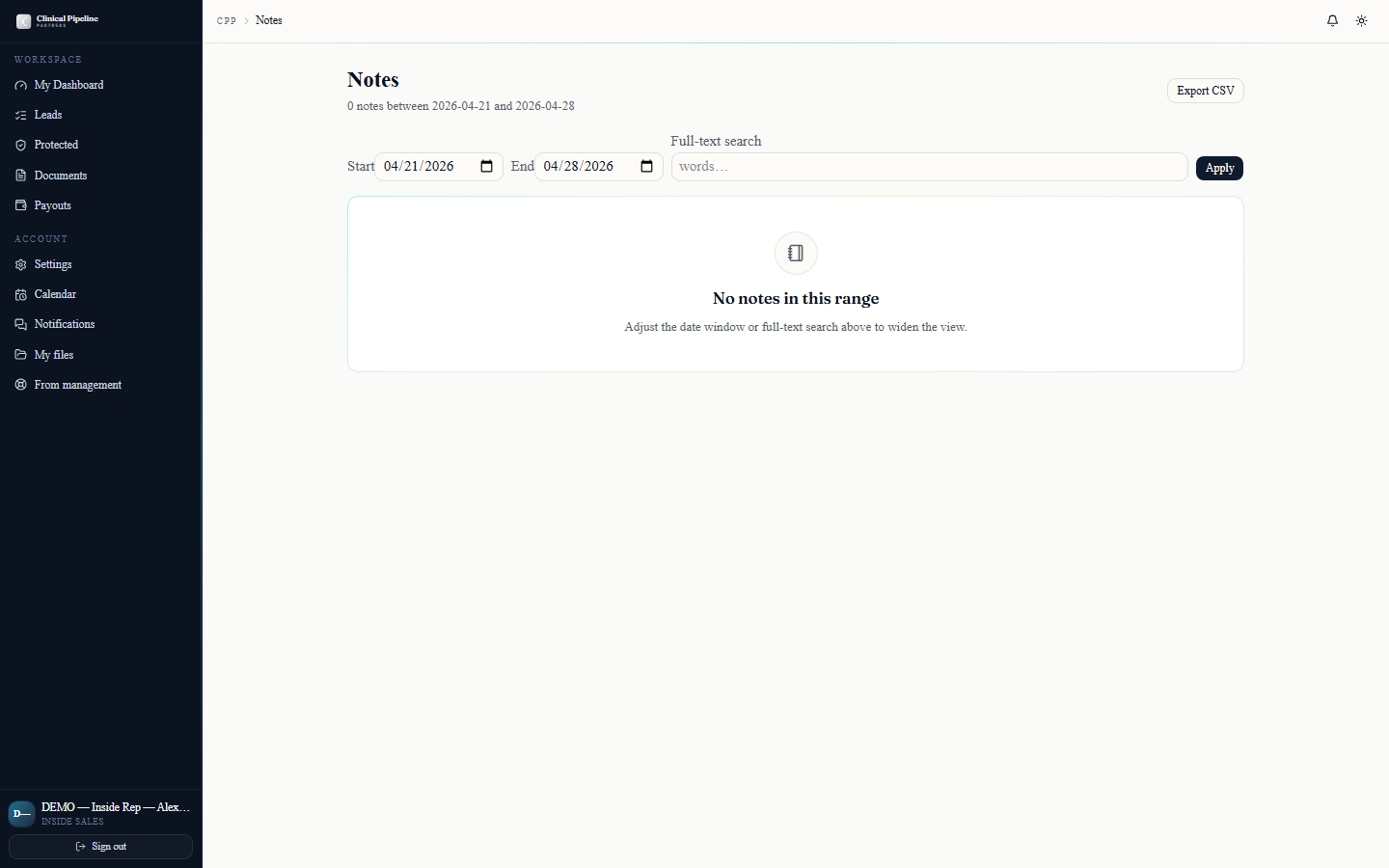 Review notes across leads with the date filter