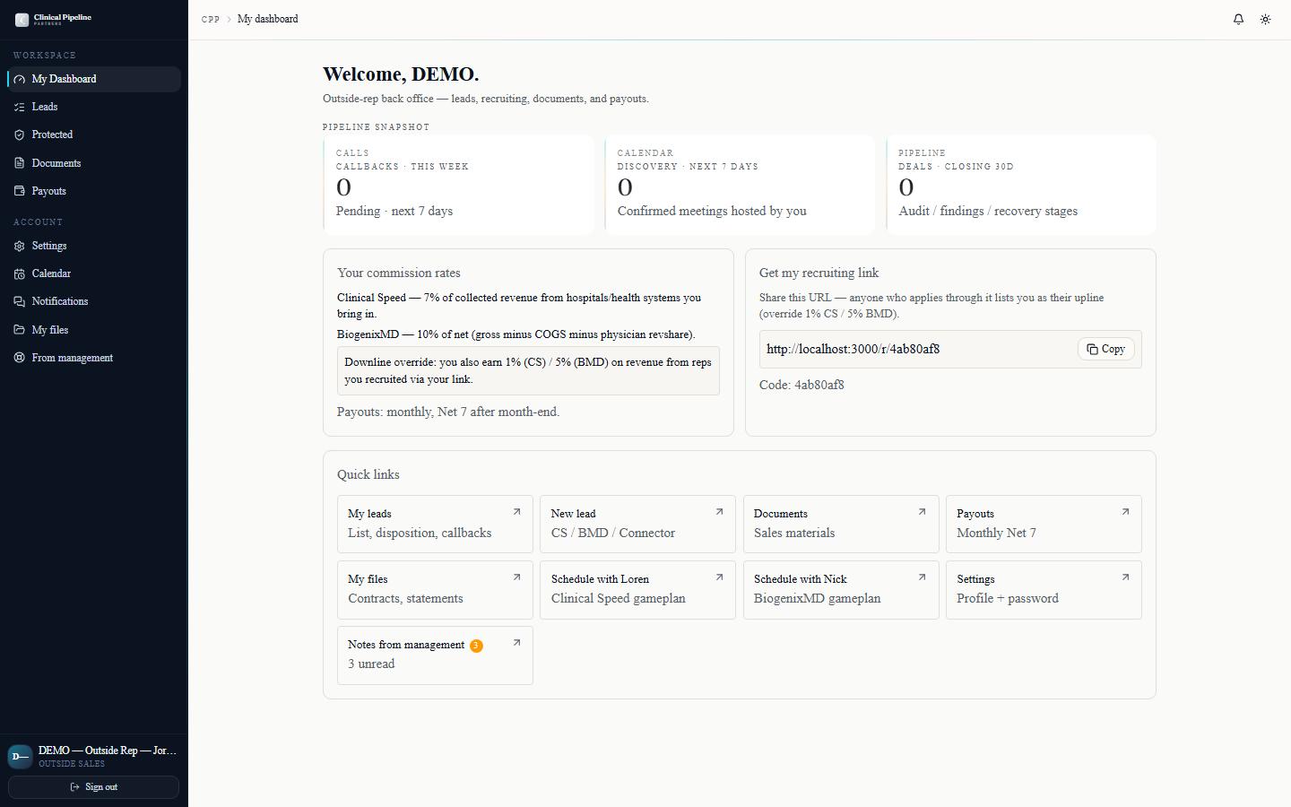 First login: the rep dashboard