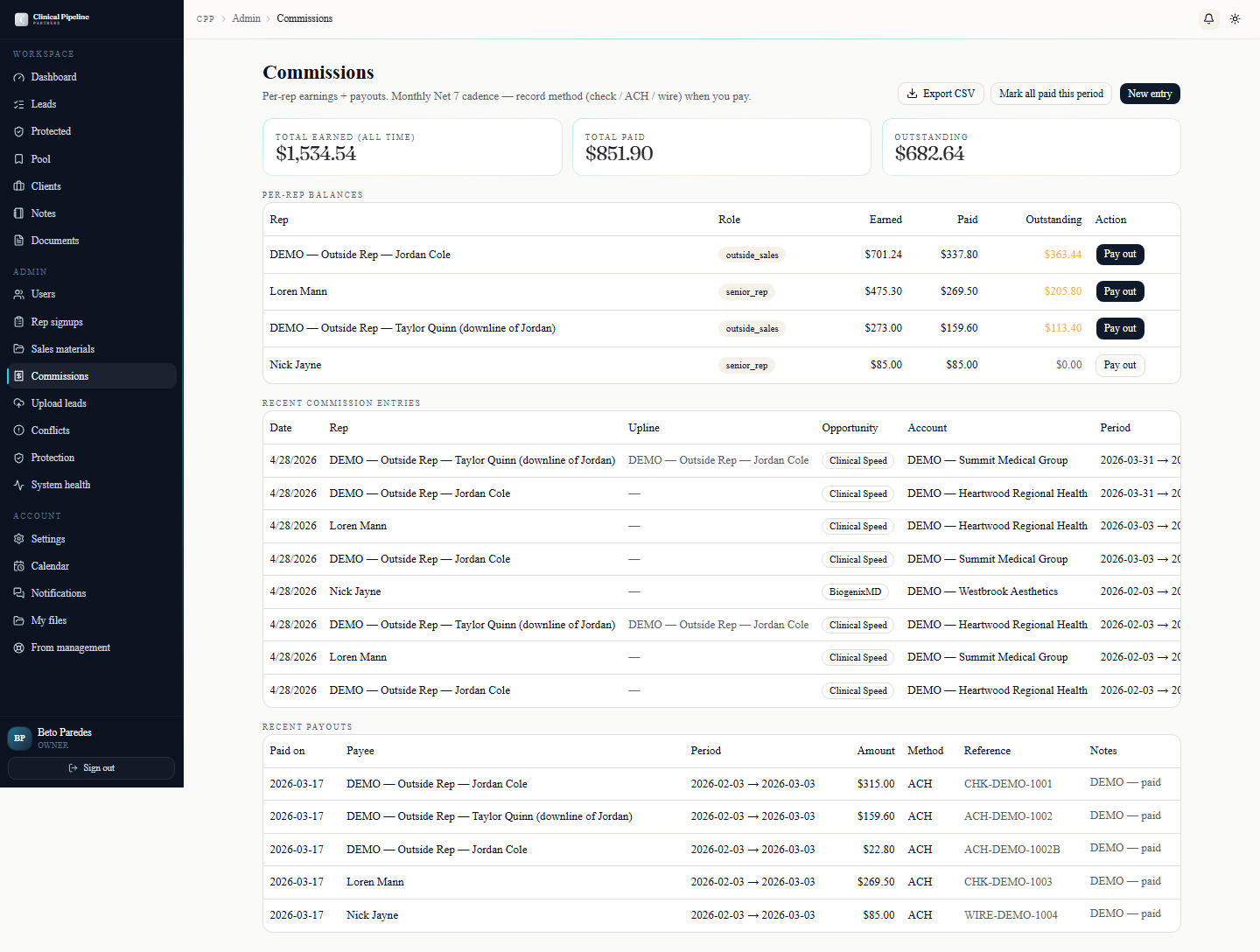 An admin list page with Export CSV in the header and a CSV preview overlay.