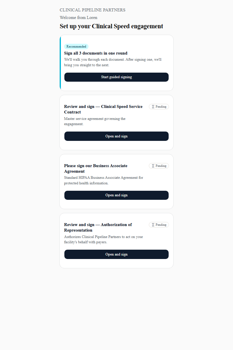 The prospect-side /c/{token} page with three BMD signing tiles and the sign-all-in-one-round option.