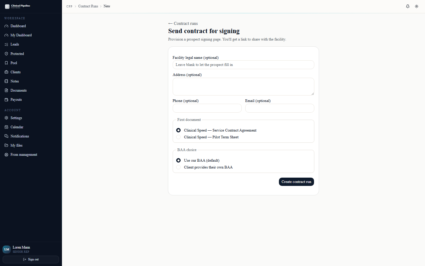 The /contract-runs/new form with first-doc, BAA, and facility info pickers.