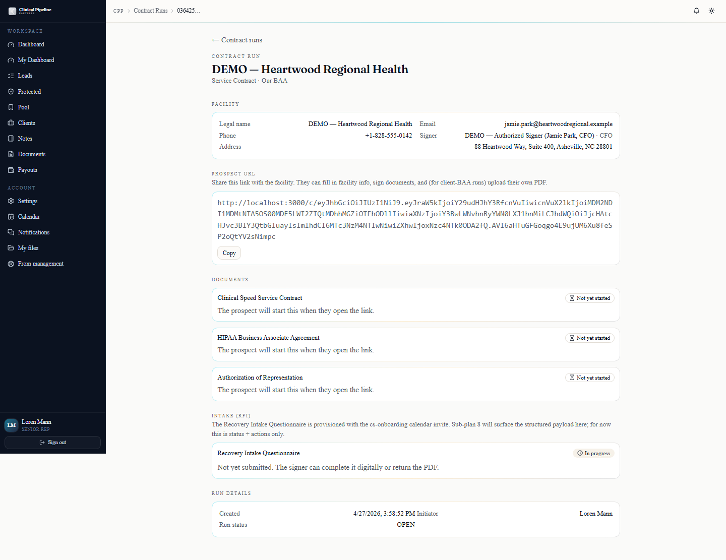 The /contract-runs/[id] detail page with sender controls in the right rail.